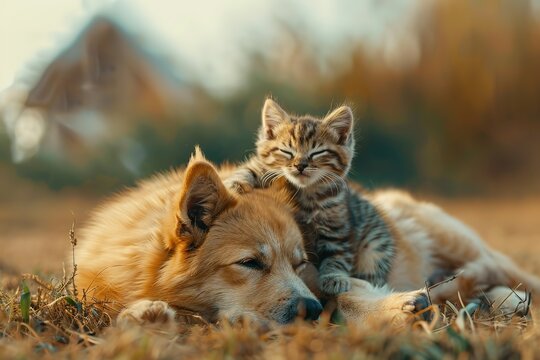 Portrait of a cute cat on adorable puppy. Concept of happy national pet day - Powered by Adobe