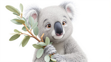 Adorable cartoon koala with eucalyptus leaves, isolated on white background