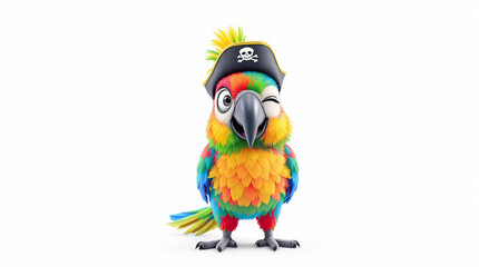 Vibrant 3D Cartoon Pirate Parrot Winking with Skull Hat on White