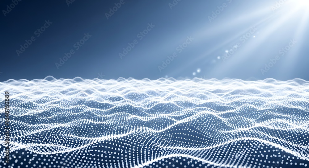 Poster abstract glowing blue digital wave pattern with light rays from above, representing data flow and te