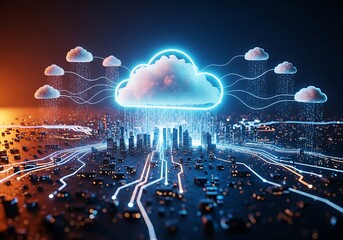 Futuristic cityscape with glowing digital cloud and data streams, symbolizing cloud computing and network connectivity