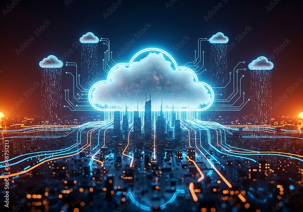 Aufkleber futuristic cityscape with glowing digital cloud and data streams, symbolizing cloud computing and ne