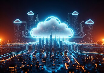 Futuristic cityscape with glowing digital cloud and data streams, symbolizing cloud computing and network connectivity
