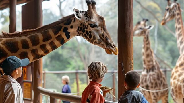 Zookeeper feeding giraffes safari setting kids 4K Videos