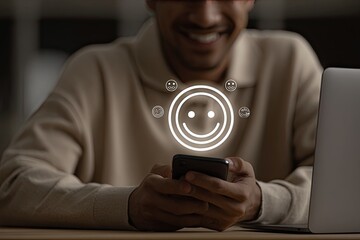 Man holding phone with happy face graphic overlay