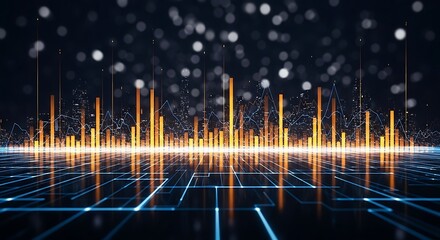 Abstract digital data visualization with glowing bars and light trails on a dark background