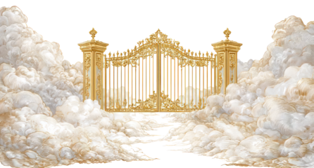 Golden Ornate Gate Surrounded by Fluffy Clouds in Dreamy Sky Scene