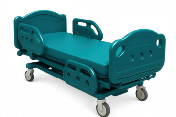 Adjustable teal hospital bed on wheels, isolated on transparent background, ready for patient care in healthcare setting