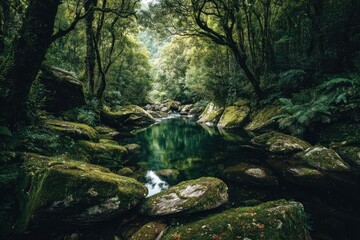 Tranquil forest stream reflecting lush canopy