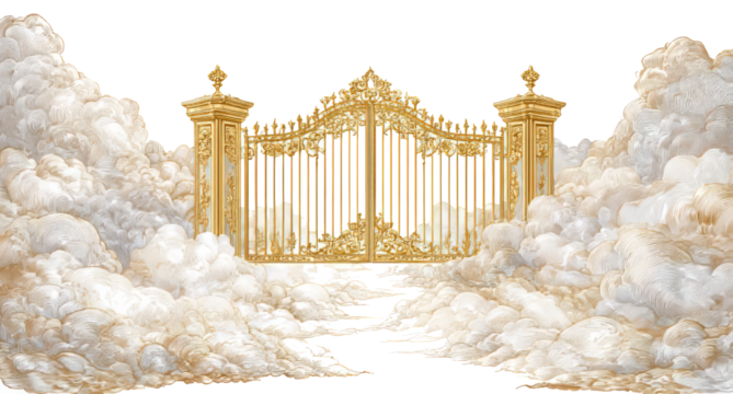Golden Ornate Gate Surrounded by Fluffy Clouds in Dreamy Sky Scene