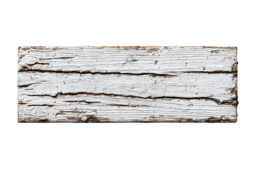Close-up of a weathered, white-painted wooden plank.  Horizontal grain is visible, with cracks and natural wood texture showing through the paint