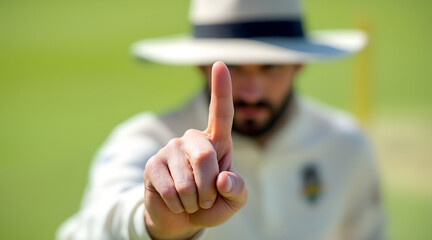 Cricket Umpire Signaling Out, Hand Raised on Green Field