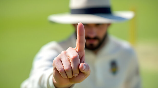 Cricket Umpire Signaling Out, Hand Raised on Green Field - Powered by Adobe
