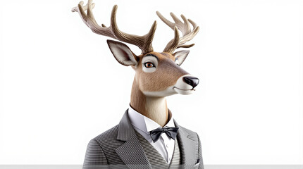 Anthropomorphic Deer Head in Grey Suit and Bow Tie, Formal Animal Portrait