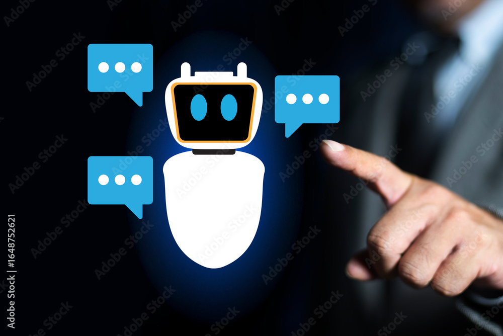 Poster businessman with ai chatbot. modern technology. robot application, conversation assistant, ai artifi