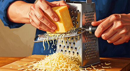 A person grating a block of cheddar cheese with a metal grater on a wooden cutting board.