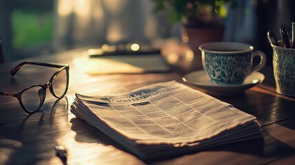 newspaper, cup of tea, and glasses on wooden table. morning scene. Peaceful and serene atmosphere.