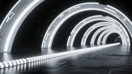 Obraz premium Futuristic Tunnel with Glowing Neon Arcs and Pathway