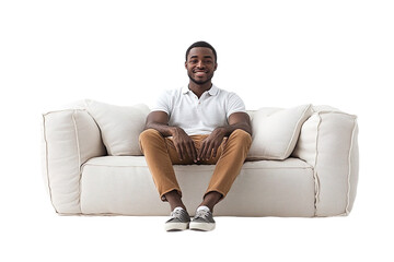 Front view of a man sitting on a box cushion sofa wearing a polo shirt, chinos, and slip-on shoes, smiling isolated on a white transparent background