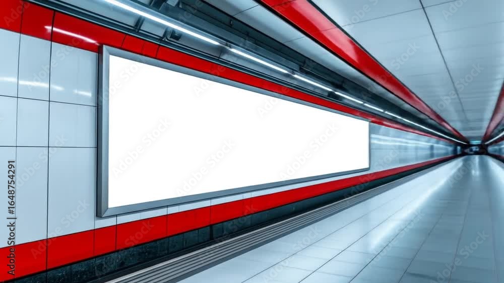 Poster empty subway station platform with white walls red accent and gray flooring perspective view tunnel 