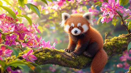 Adorable Red Panda Cub Perched on Mossy Branch Amidst Vibrant Pink Cherry Blossoms in a Lush Forest Setting