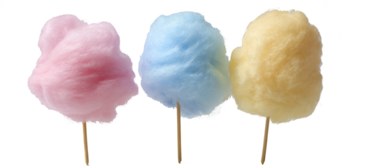 Colorful Cotton Candy on Wooden Sticks in Pink Blue and Yellow Tones