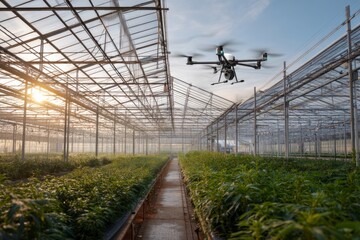 Obraz premium A large greenhouse with sunlight streaming through glass panels Farmers and AI drones check plants for growth and health The mood feels peaceful and productive, Generative AI 