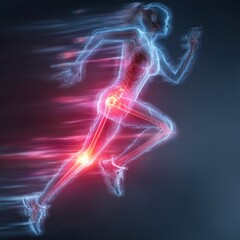 Glowing blue X-ray of knee with red pain highlight, athletic woman running on black background, sports injury concept