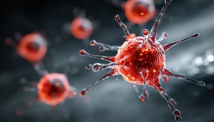 Red virus particles, close-up