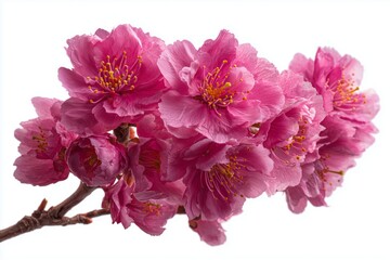 Vivid pink blossoms of a cherry tree against a white backdrop in a close-up view