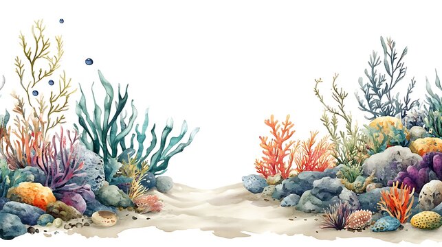 Watercolor illustration of underwater world featuring corals seaweeds rocks and other sea life photo