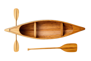 Wooden canoe and paddles isolated on transparent background