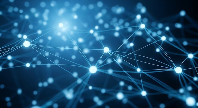 Abstract glowing blue network of interconnected nodes and lines representing data and technology