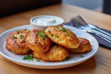 Crispy, golden-brown patties on a white plate, alongside a small bowl of white sauce.  Fresh chives garnish the patties.  Served on a light-colored wooden table