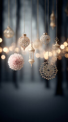 Elegant holiday ornaments hanging in a misty forest, with soft bokeh lights in the background