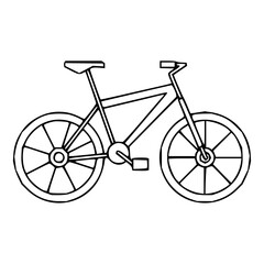 Simple line drawing of a bicycle with two wheels seat handlebars and pedals in black and white style