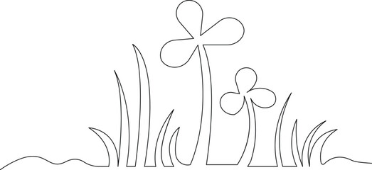 Grass and flowers continuous one line drawing in minimalist style with simple outline illustration