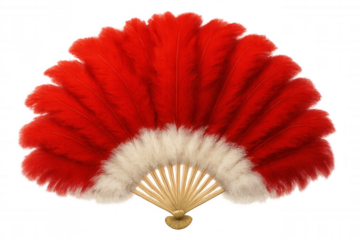 Red feather fan with white base isolated on transparent background, representing elegance and tradition