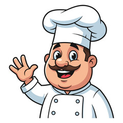 Cheerful Cartoon Chef Waving with a Classic Toque and a Twirled Moustache.