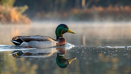 A vibrant male mallard duck swims gracefully on a tranquil lake, its iridescent green head reflecting in the calm water on a misty autumn morning, creating a serene and picturesque scene