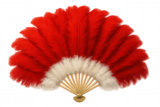Red feather fan with white base isolated on transparent background, representing elegance and tradition