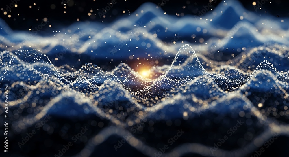 Poster abstract blue digital waves with glowing particles and bokeh lights, representing data flow or energ