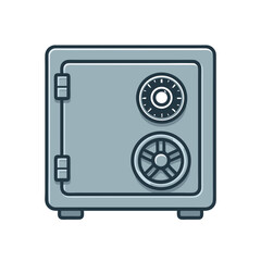 Gray safe box with dial combination lock on white background