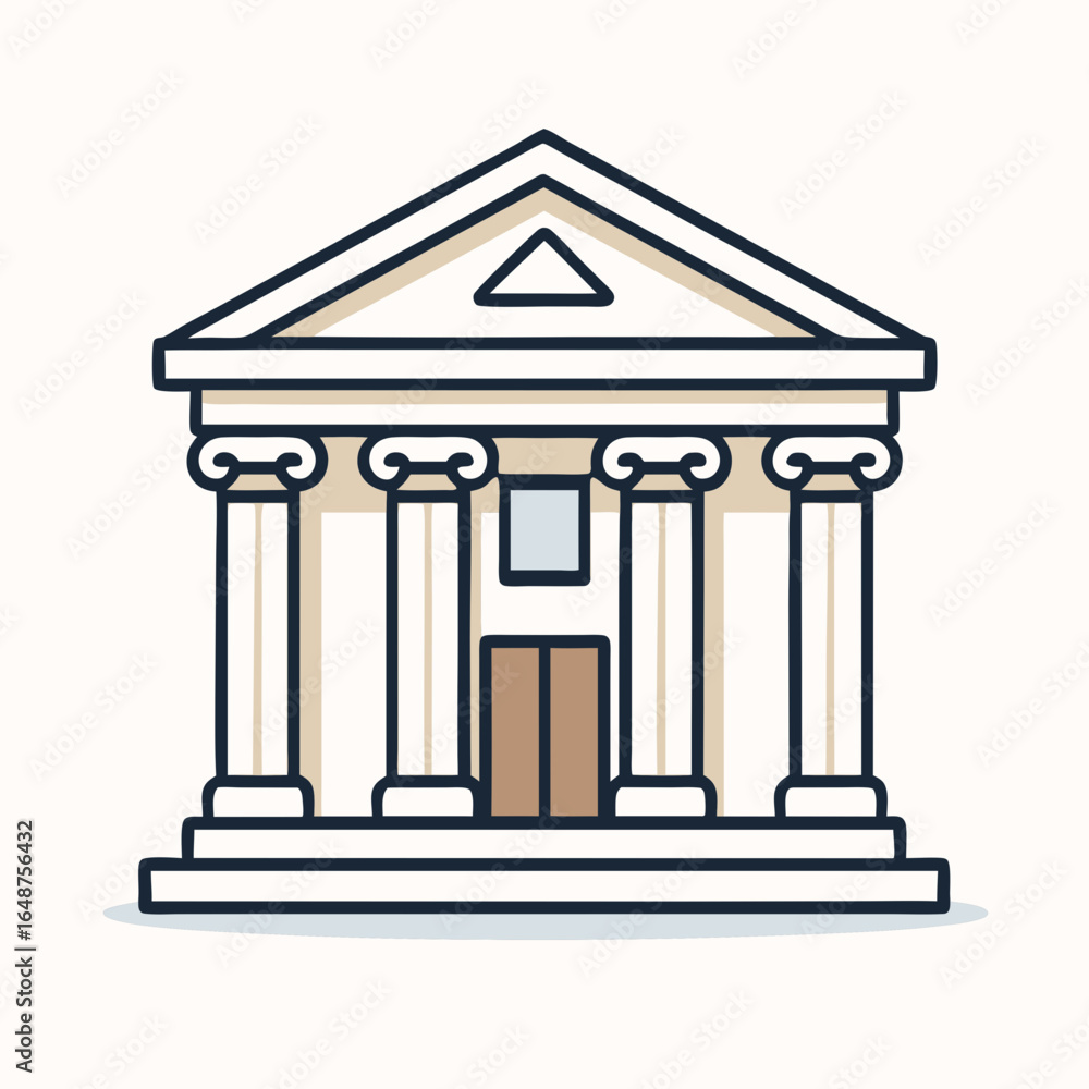 Poster illustration of a classic building with columns and triangular pediment on white background