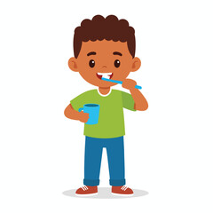 A young boy brushing his teeth, holding a cup, smiling, healthy.