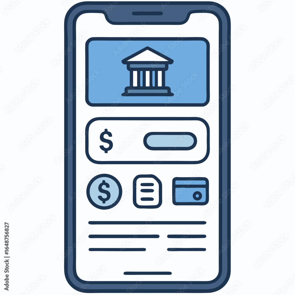 Poster mobile banking app interface with online payment and login screen on smartphone