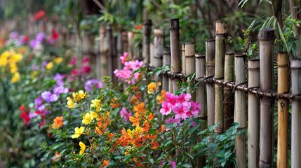 Obraz premium A vibrant display of colorful flowers blooming beside a rustic bamboo fence, creating a serene garden atmosphere.