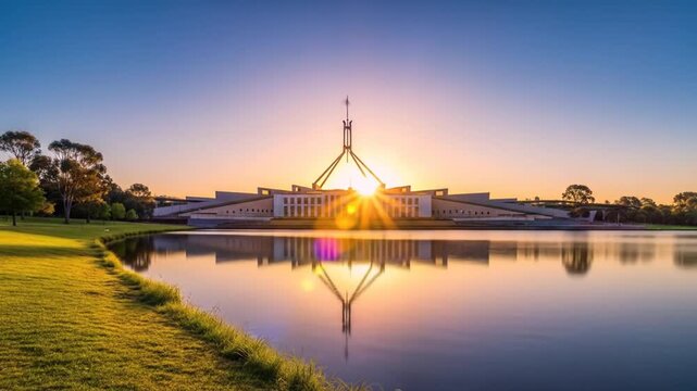 Serene Australian Parliament House View Reflecting on Water During Colorful Sunset