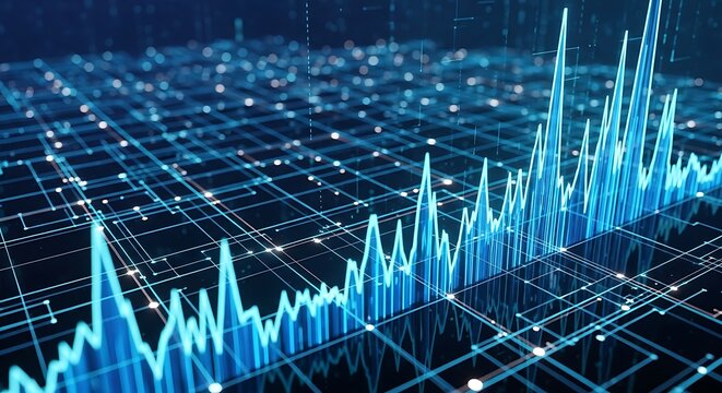 Blue digital data graph showing financial growth and market trends with abstract technology background - Powered by Adobe