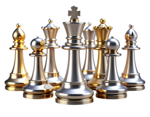 Angled Side View of 3D Chess Pieces in Mid-Game Position with Emphasis on Strategy, Isolated